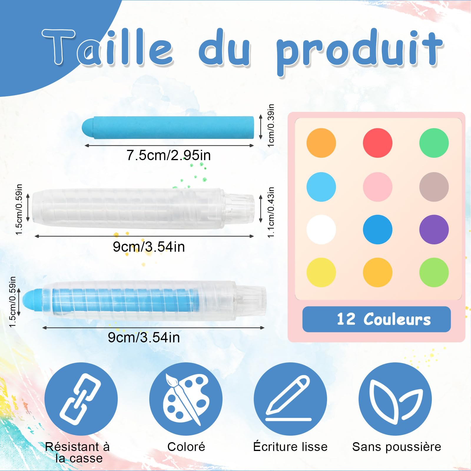 VEGCOO 16 Pièces Craies Sans Poussière 12 Couleurs avec Porte-Craie Réglable, Hydrosolubles pour Tableau Noir
