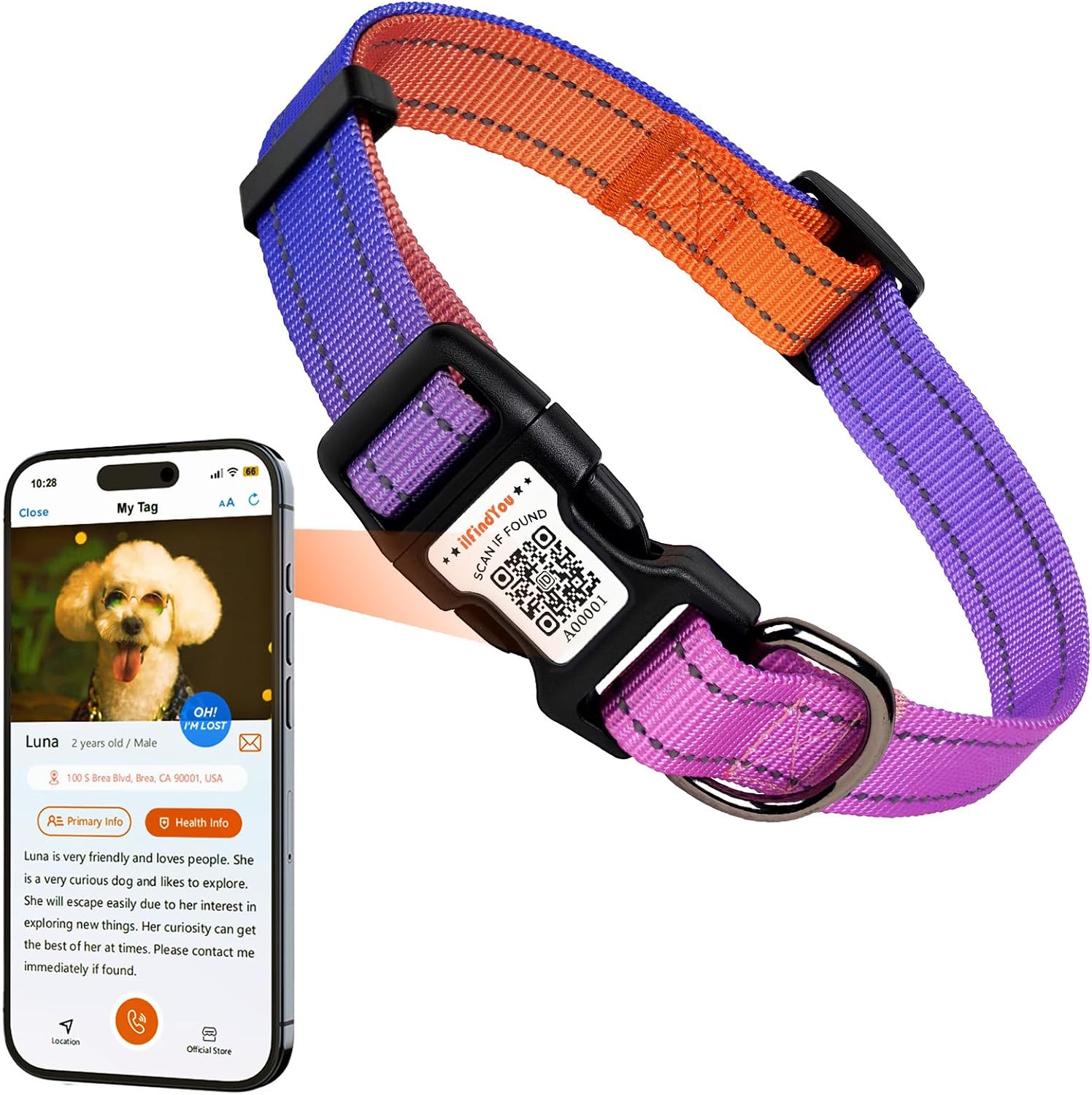 Collar para perro grande de nylon reflectante con código QR L miniatura 1