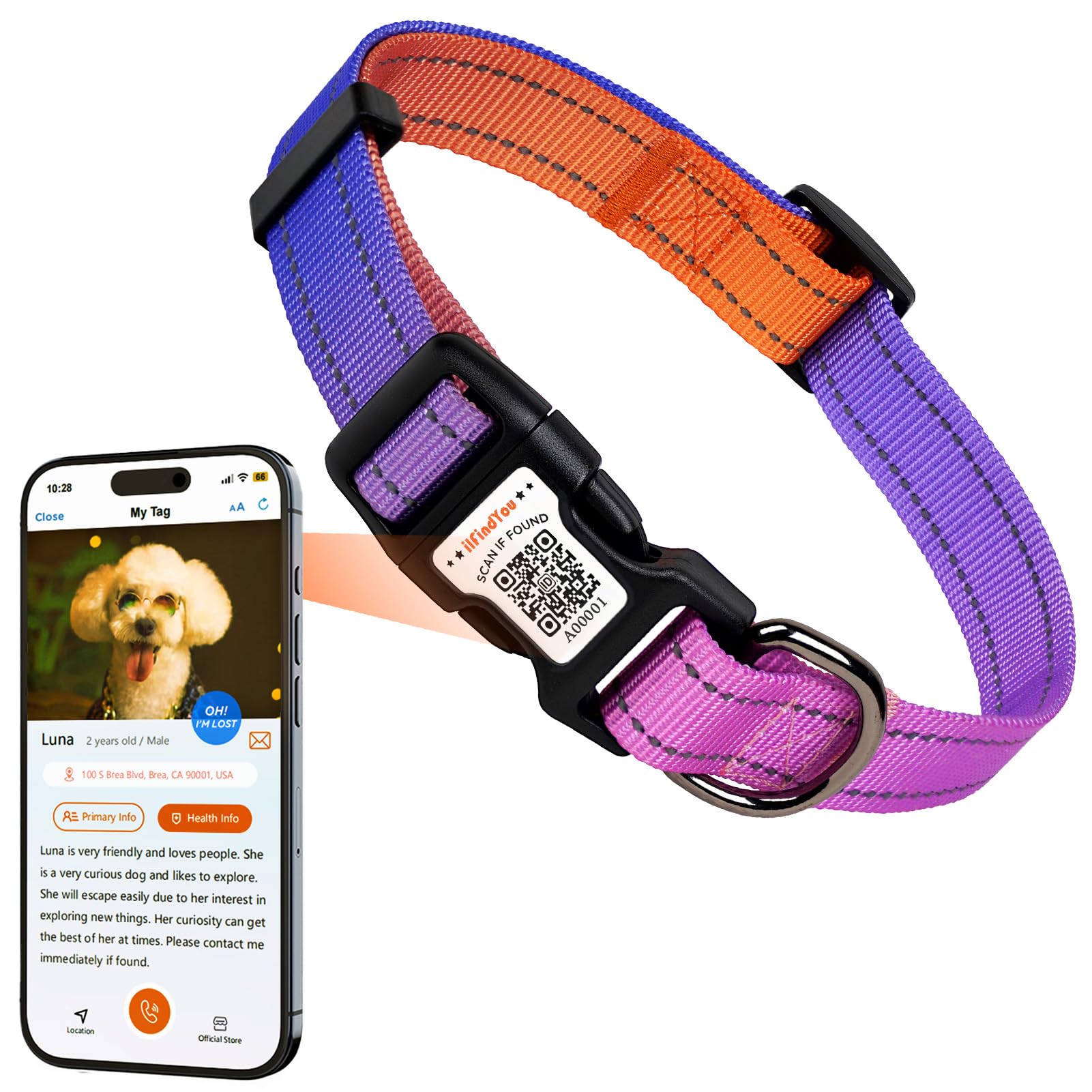 ILFINDYOU Personalized Dog Collars for Large Dogs, Reflective Dog Collar QR Code Name Tags, Soft Nylon, L