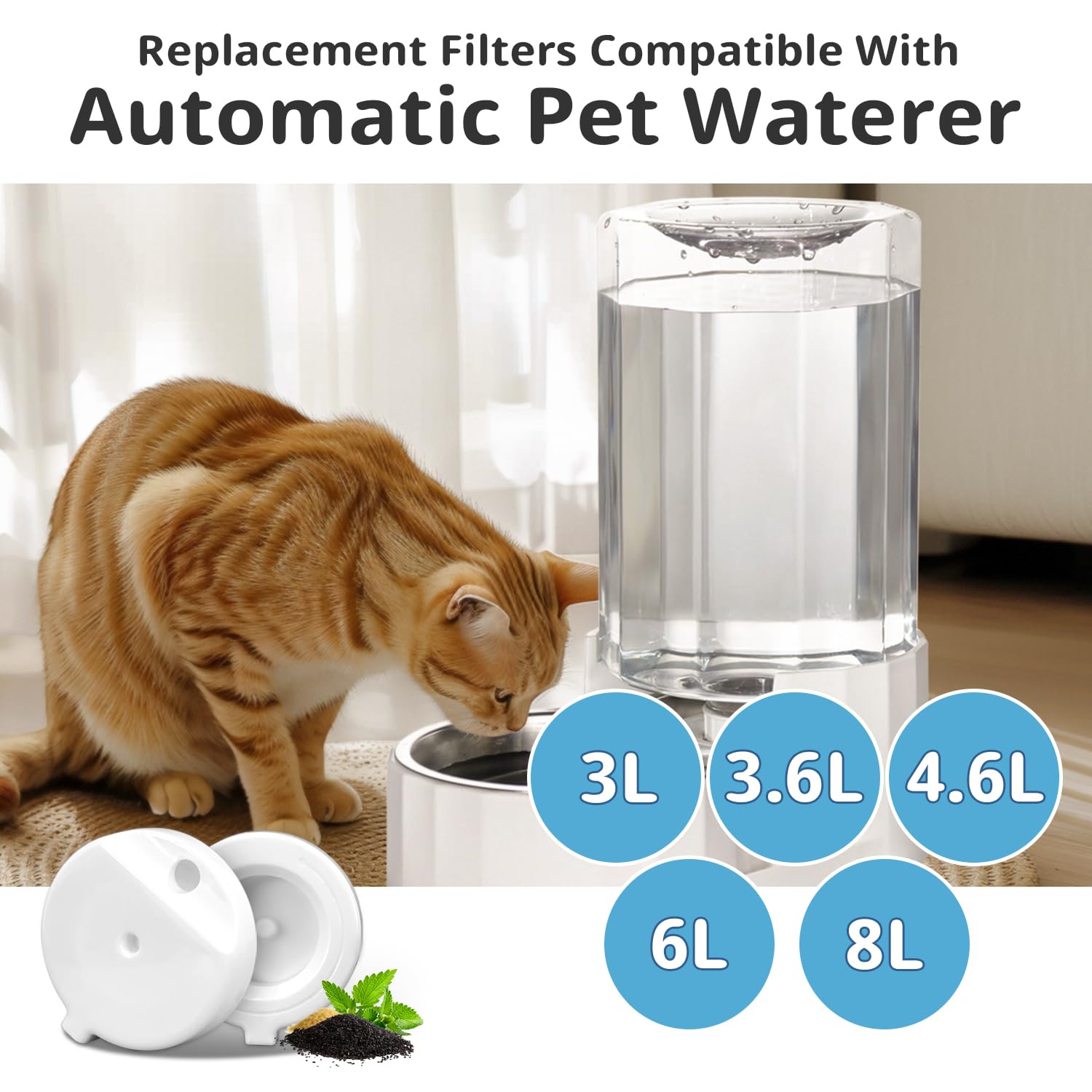 8 filtros de fuente de agua de gravedad para mascotas, filtros de repuesto automáticos para dispensador de agua para perros de 3.6L/4.6L/6L/8L (8 filtros con 1 cepillo)