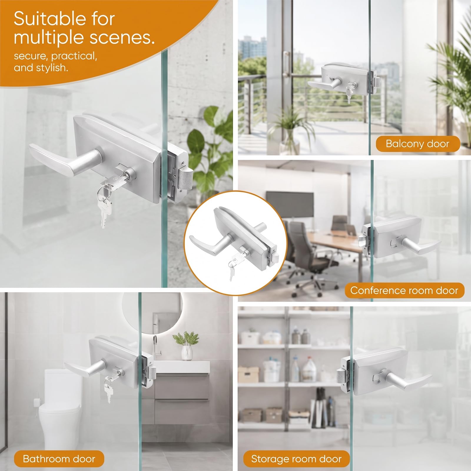 Serratura per porta in vetro in acciaio inox opaco con 3 chiavi, maniglia scorrevole, serratura per porta interna per ufficio, bagno, camera da letto, balcone, per vetro spesso 8-12 mm e 5-8 mm