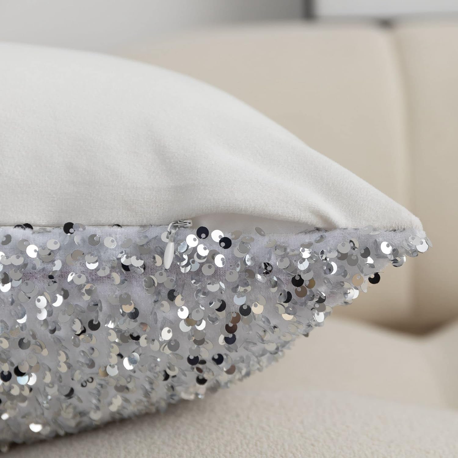 LIGICKY Set of 2 Silver White Glitzy Sequin Throw Pillow Covers Sparkling Decorative Gilter Metallic Square Cushion Cover Glam Pillow Cases for Sofa Couch Bedroom Home Party Decor (18 x 18 Inches) - Image 7
