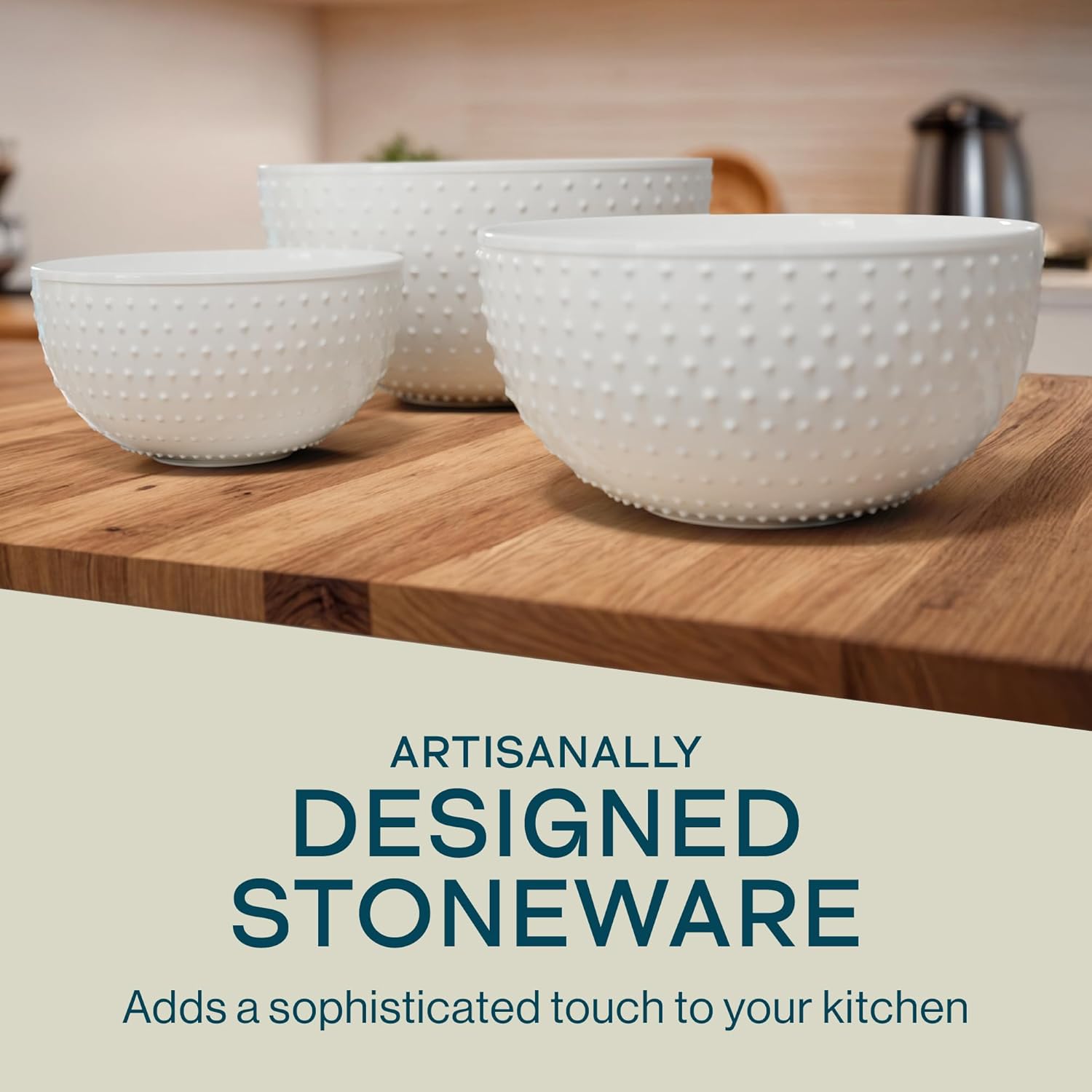 Gibson Elite 3-Piece Stoneware Mixing Bowl Set, 6.8", 8", 9.8" - Modern Stoneware Dishware, Dishwasher Safe & Microwave Safe - Space-Saving & Stackable Bowl Set for Cooking, Baking, Serving (White)