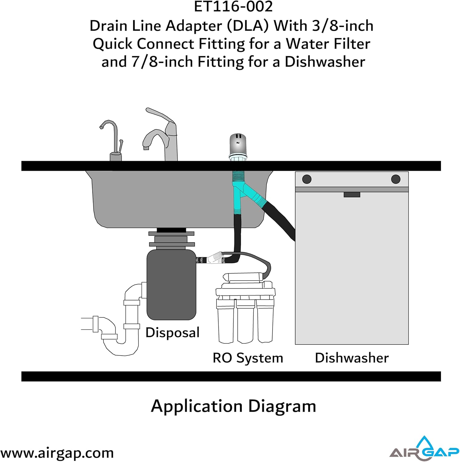 Drain Line Adapter (DLA) With 3/8-inch Quick Connect Fitting for a Water Filter and 7/8-inch Fitting for a Dishwasher (ET116-002, D-38QC, DLA-D)