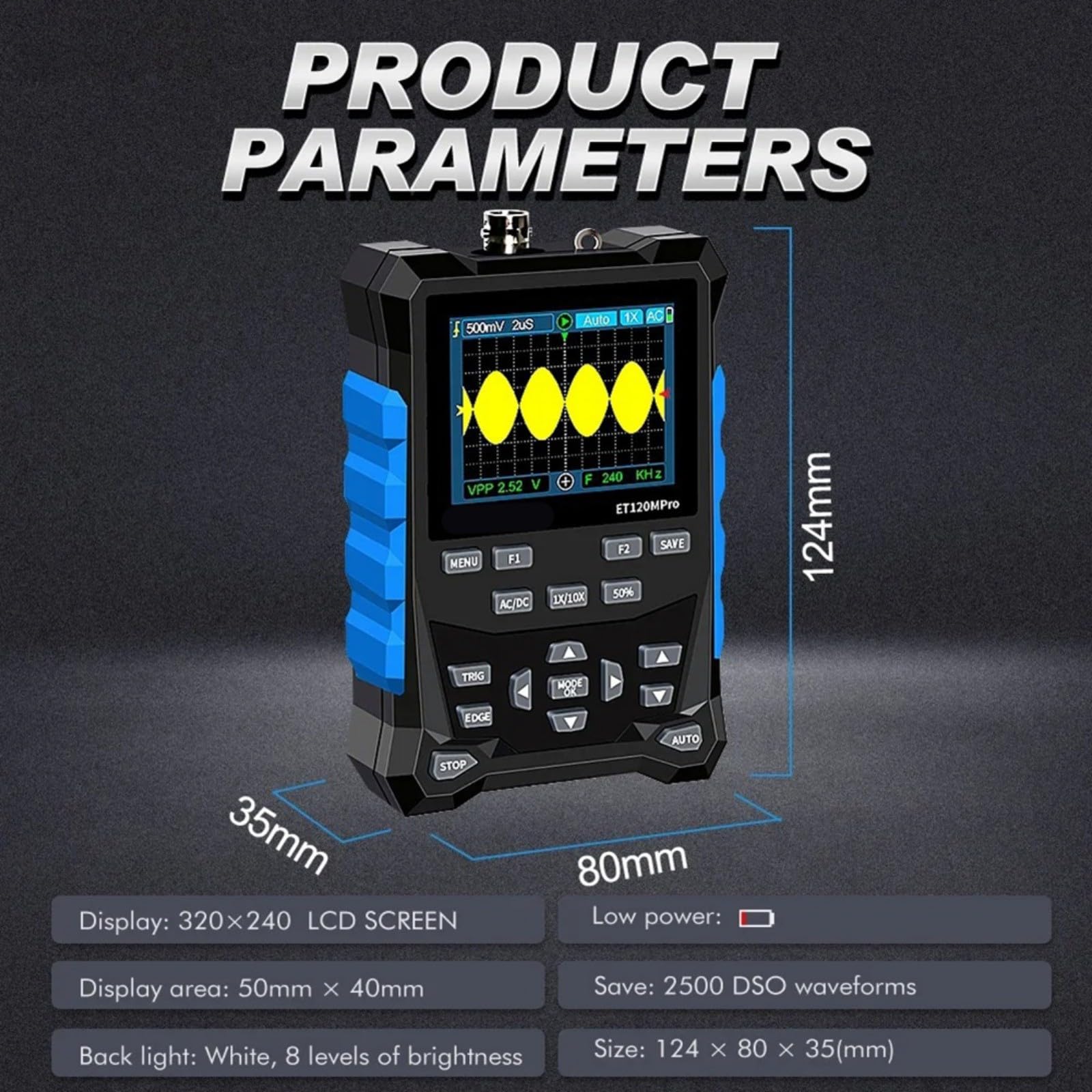 ET120MPro, oscilloscopio digitale 120 MHz 500 MS/s con sorgente di segnale 3 MHz, tester automobilistico 2 in 1 per diagnostica auto, istruzione e laboratorio, design portatile con batteria