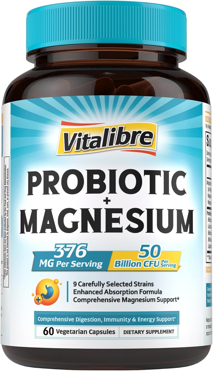 Vitalibre Probiotic with Magnesium, 50 Billion CFU, 9 Strains, Magnesium Glycinate Citrate Malate Taurate, for Digestion, Immunity, Bone, Energy & Recovery, 60 Vegan Capsules, Non-GMO