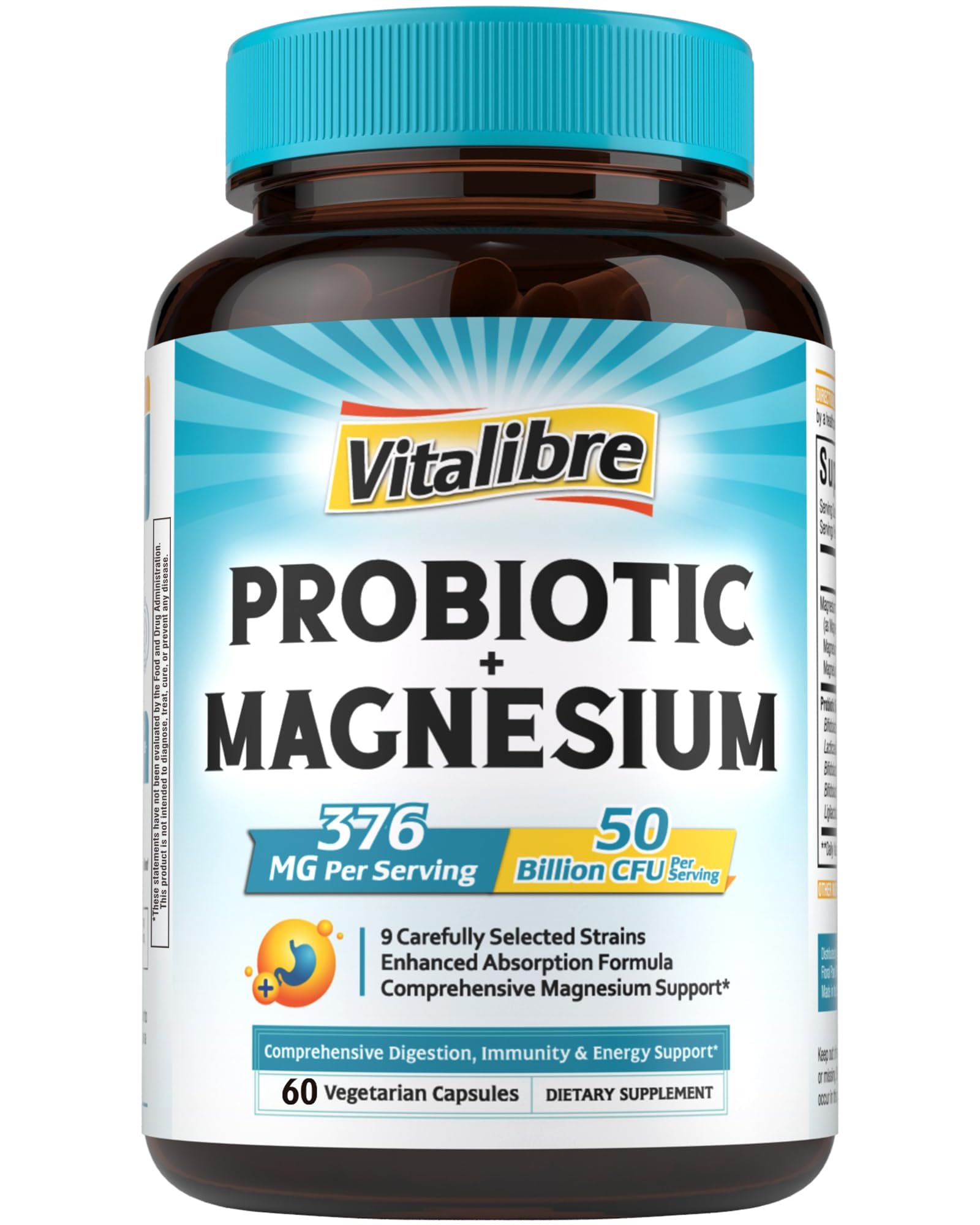 Vitalibre Probiotic with Magnesium, 50 Billion CFU, 9 Strains, Magnesium Glycinate Citrate Malate Taurate, for Digestion, Immunity, Bone, Energy & Recovery, 60 Vegan Capsules, Non-GMO Unflavored 60 Count (Pack of 1)
