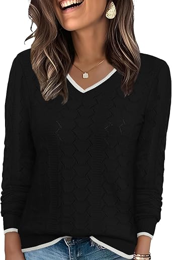 Ivicoer Womens Sweaters V Neck Long Sleeve Pullover Tops Hollow Out Fall Outfits Fashion Clothing 2025