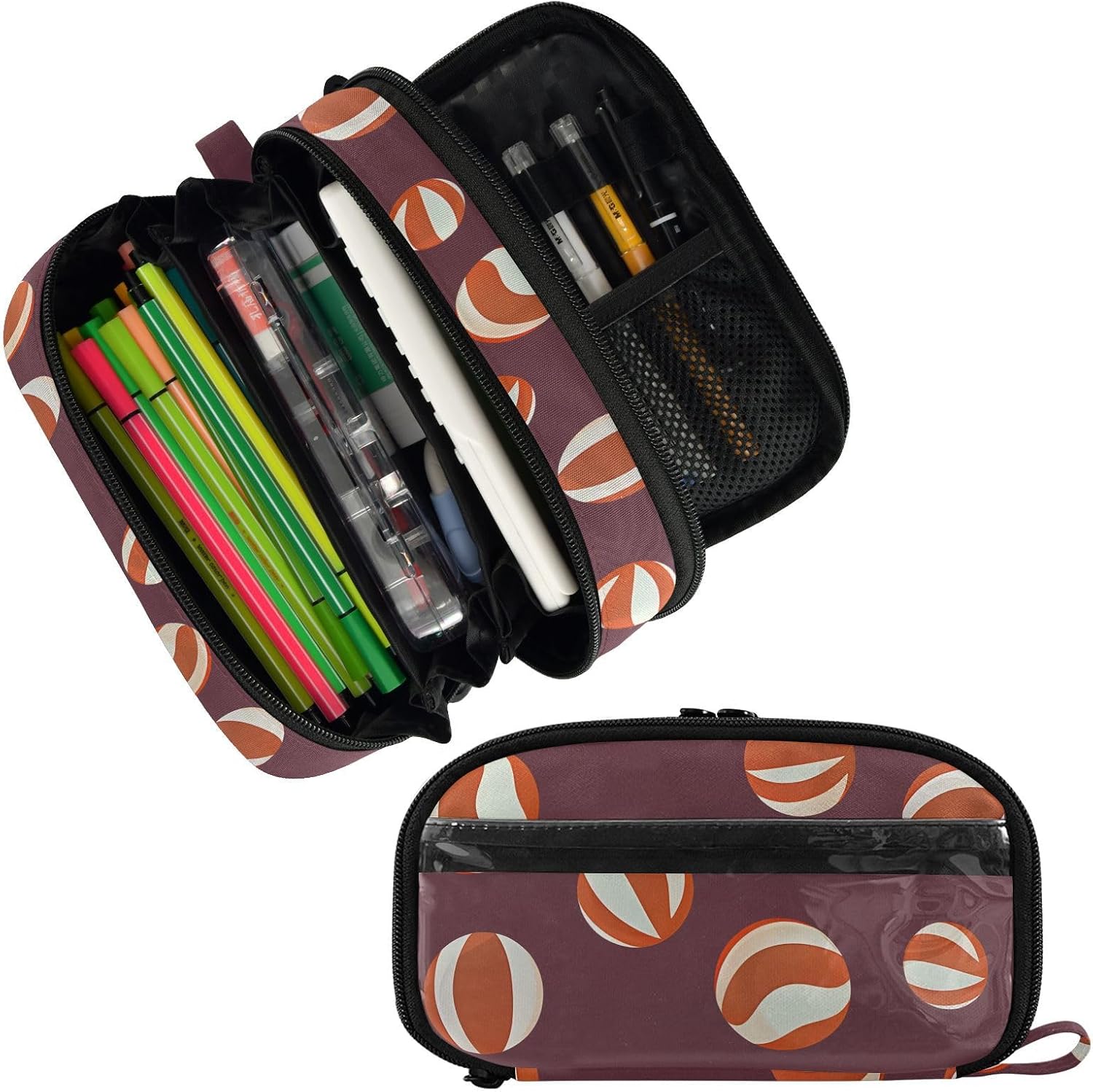 ALAZA Orange Ball Pattern Large Capacity Pencil Case, Aesthetic Stationery Organizer Bag with Clear PVC Window, High Capacity Pen Pouch with Dividers for School Office Travel image 2