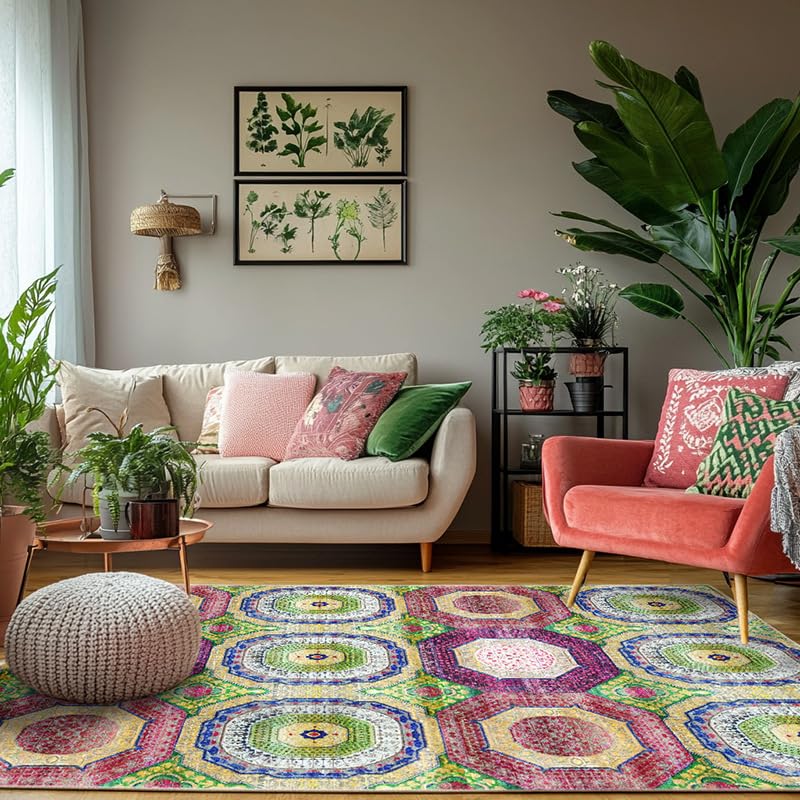 Grand tapis vintage à poils courts rose et vert 180x200 cm pour salon et chambre