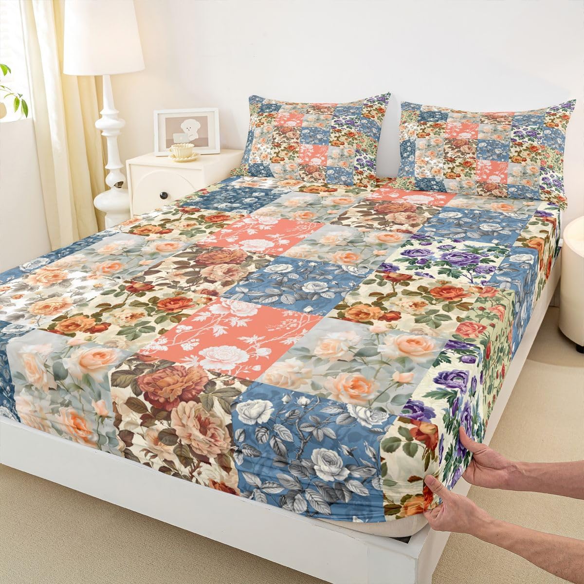 Homewish Vintage Flowers Bed Sheets King Size 4 Pcs,Retro Rose Peony Bedding Set for Girls Women Adults,Floral Plants Patchwork Grid Sheet Set with Flat,Fitted Sheet,2 Pillowcases image 5