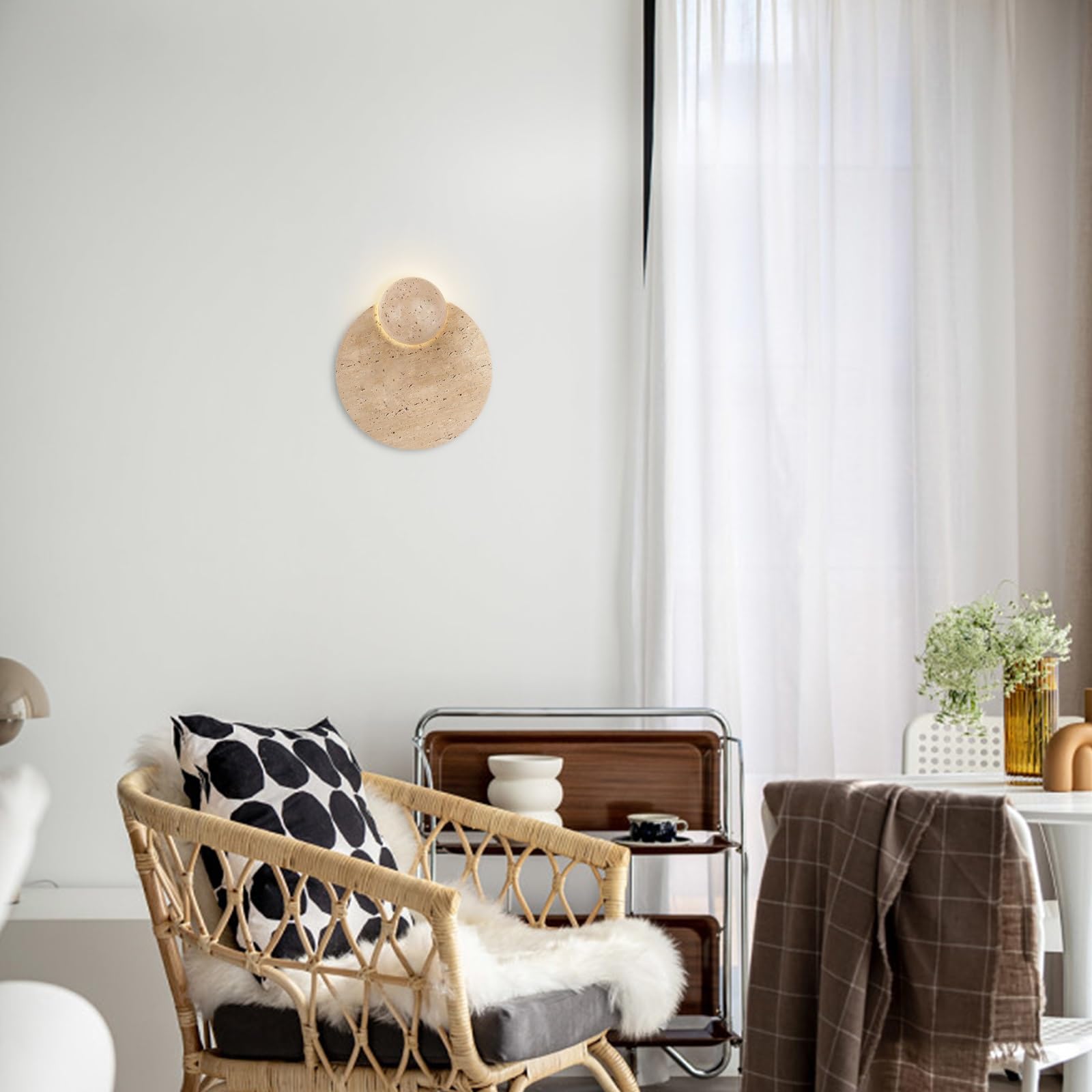 Oprawa oświetleniowa Wabi-Sabi Art Decor, nowoczesna kinkiet z trawertynu, okrągła marmurowa lampa naścienna, kinkiet ścienny w stylu japońskim z naturalnego kamienia do sypialni(Yellow)