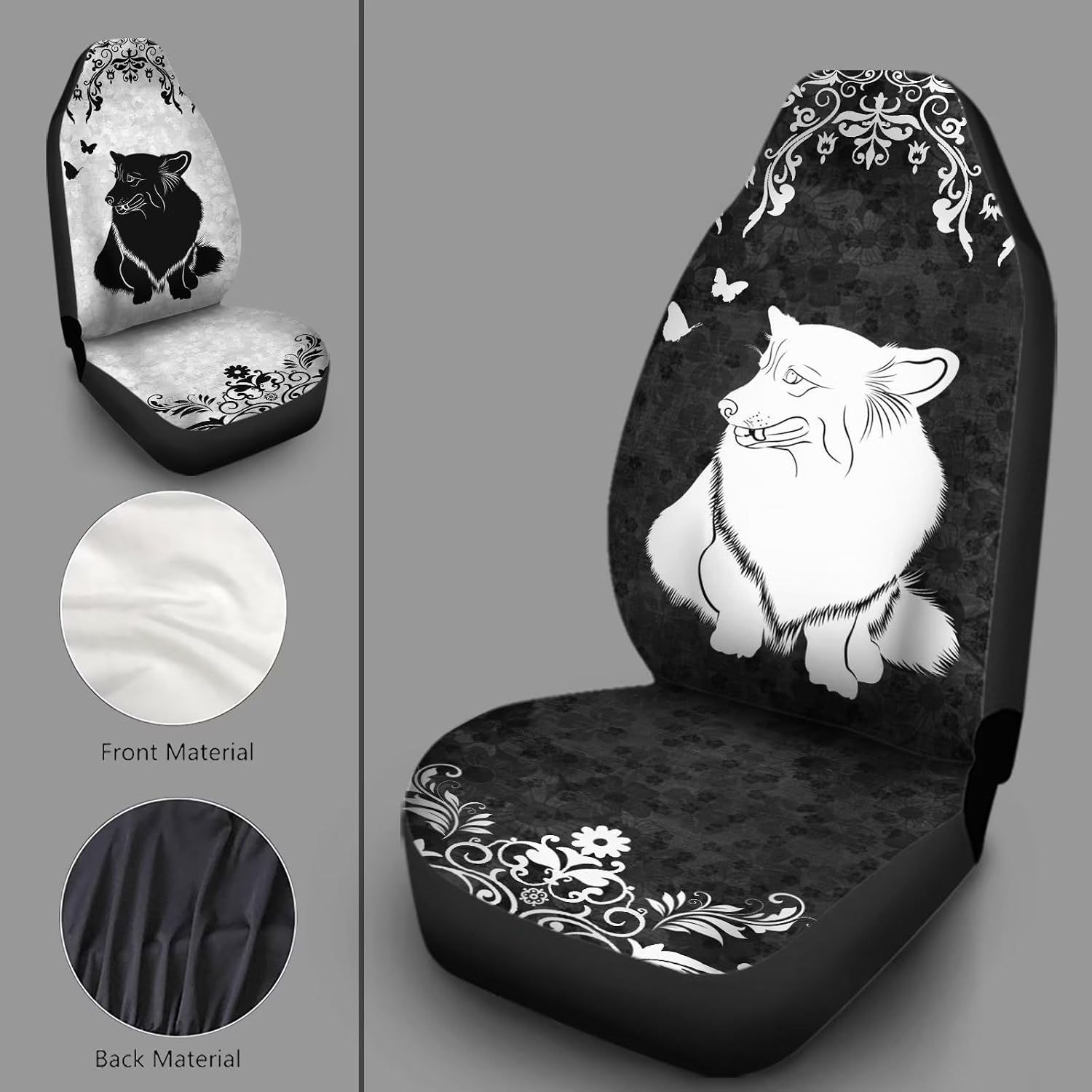 Howilath Black & Grey Baroque Corgi Butterfly Floral Printed Car Seat Covers for Men Women, 2 Piece High Back Bucket Vehicle Seat Protector Cover Universal Fit for SUV Sedan Van