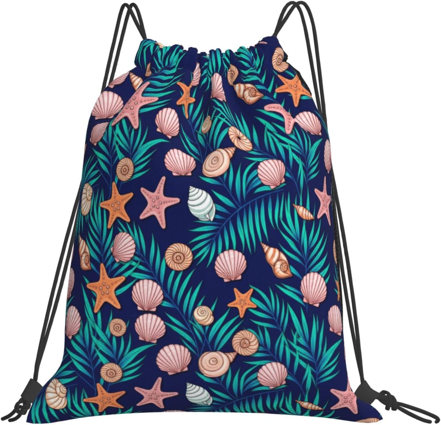 Mens Sea Pattern Marine Theme Shells Drawstring Backpack, Gym Sport Cinch Sack Durable Poly With Drawcord String For Gym & Commuting Fitness, Everyday Bag