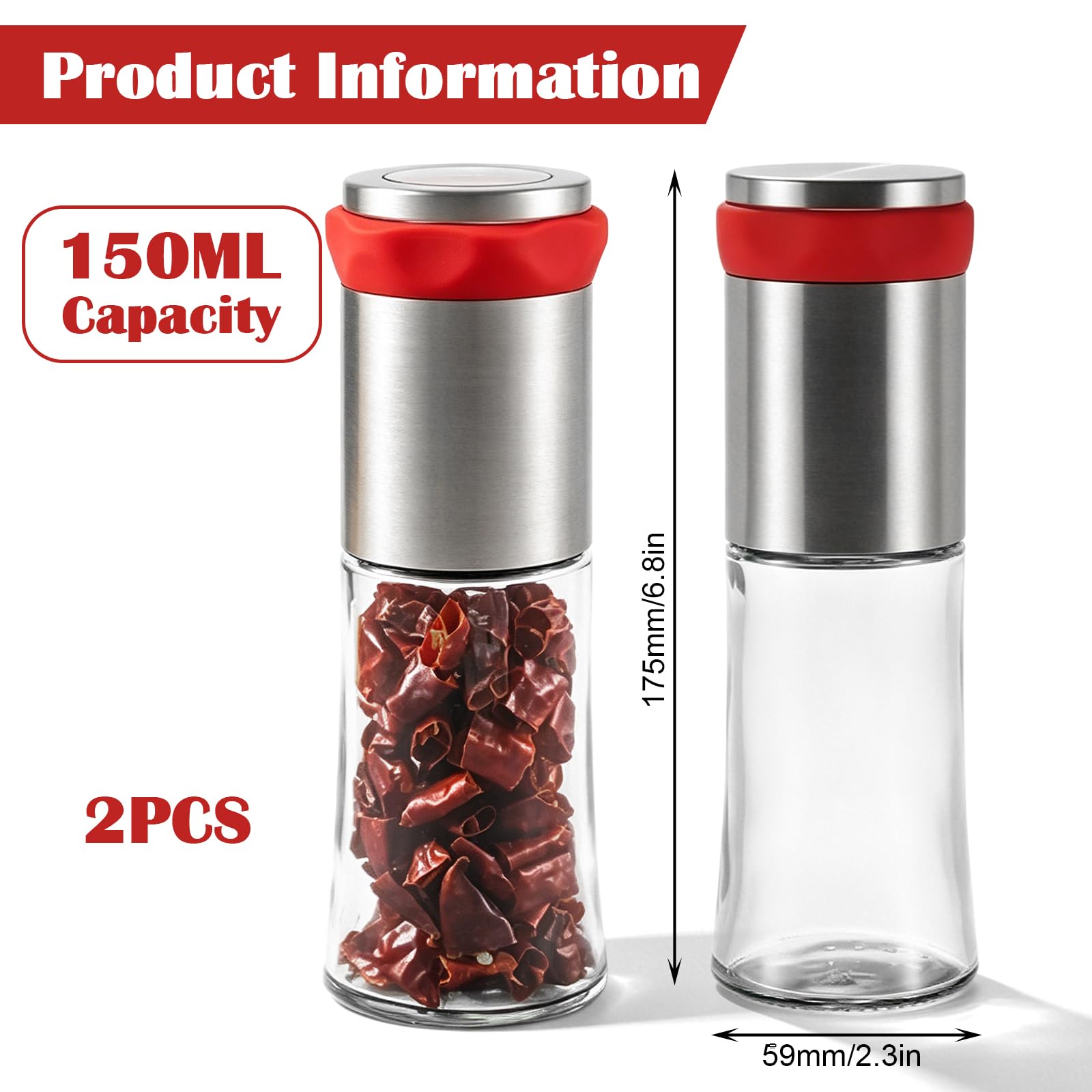 Chilimühle Edelstahl & Glas: 2 Stück 150ml Chilischneider für grobe Gewürze & Trockene Chilis, Chilimühle für Küche und Haushalt, Gewürzmühle Kräutermühle, Gewürzschneider Schneidwerk