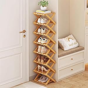 Tall Shoe Rack Front Door Entrance,Installation-Free and Foldable Bamboo Shoe Rack for Entryway,Free Standing Shoe Racks Shelf Closet Shoe Organizer for Living Room (Natural Bamboo-8 Tier)
