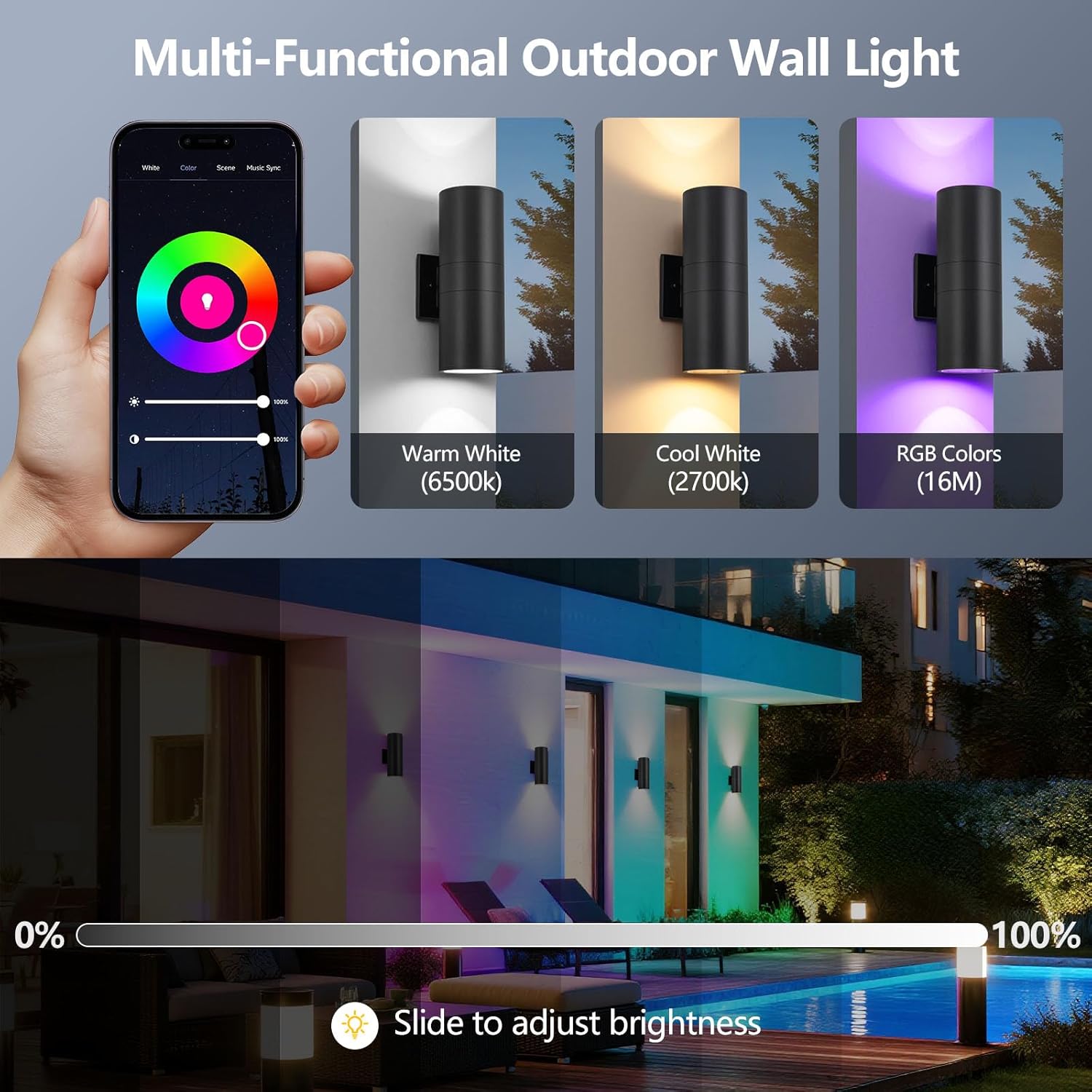 Nigaut Smart RGB Outdoor Wall Lights 2 Pack, 11.8" LED Wall Sconce, WiFi App Control, Alexa Compatible, IP65 Waterproof Color Changing Porch Light, 30W for Patio Garden Garage