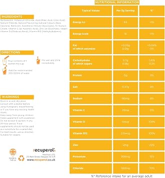 Recuperol Electrolytes Sachets - Rehydration Electrolytes Powder with Zinc, Vitamin C, B12, D3 & Potassium for Hydration - Sugar Free, Vegan & Low Calorie - Mango 8 Pack
