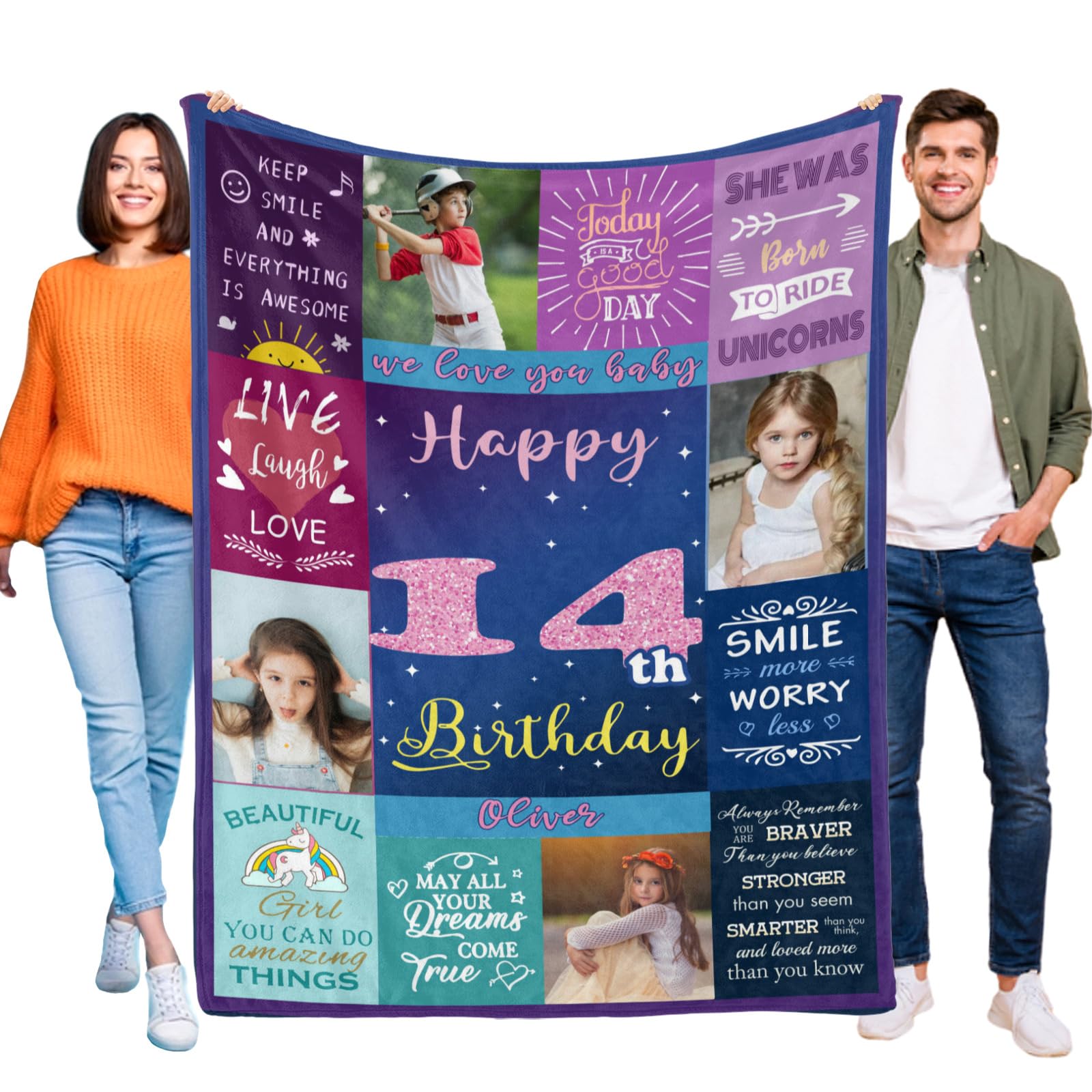 Kendt Personalised 14th Birthday Gifts for Girls, Custom 14th Birthday Blanket with Photos,14 Year Old Gifts for Daugther,Sister,Niece,14th Birthday Presents,14th Birthday Decorations for Girl