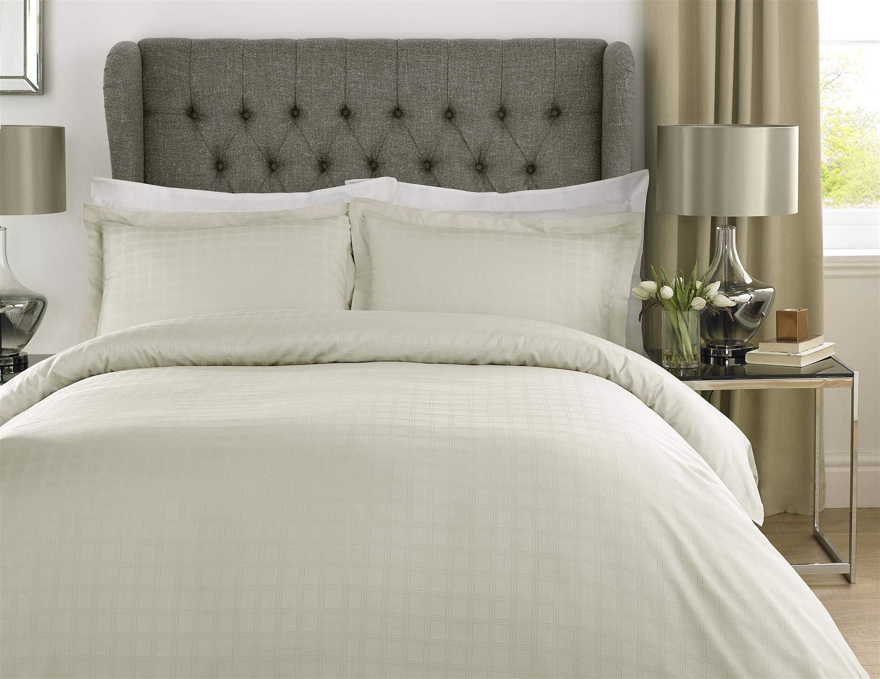 Luxury Hotel Collection 400 Thread Count 100% Cotton Satin Stripe Check Bedding Duvet Cover Set-Single-Cream