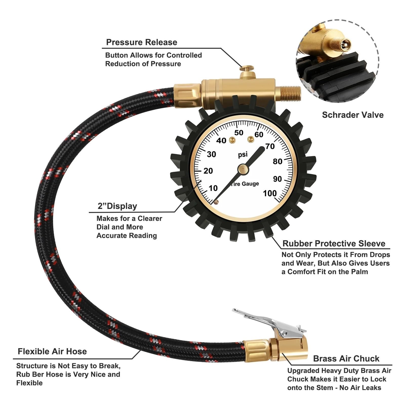 Medidor De Presión De Neumáticos De 100 PSI con Portabrocas con Clip, Medidor De Neumáticos Analógico De Precisión De Dial De 2 Pulgadas, Lectura De Presión Conveniente FáCil De Usar