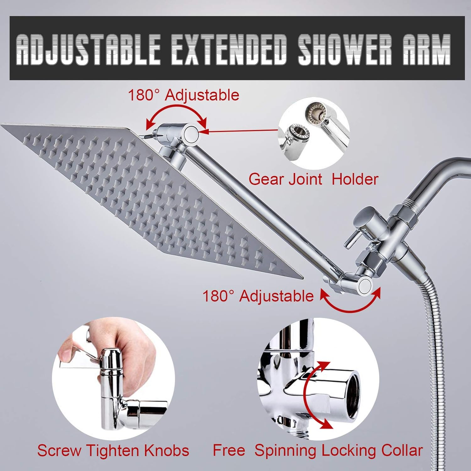 Product Deal Showerhead with handheld kit 8'' High Pressure Rainfall Square Shower Head with Handheld Spray Combo Chrome Stainless Steel Adjustable with 9'' Extension Arm