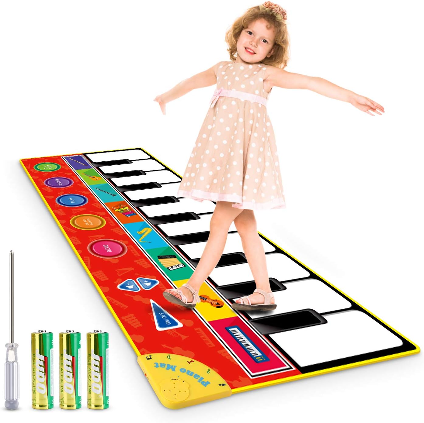 Magicfun Kids Musical Mat, Musical Piano Mat 8 Instrument Sounds 5 Play Modes with 3 AA Batteries and 1 Screwdriver Dance and Learn Mat for Boy Girl Toys 58.26" x 23.62"