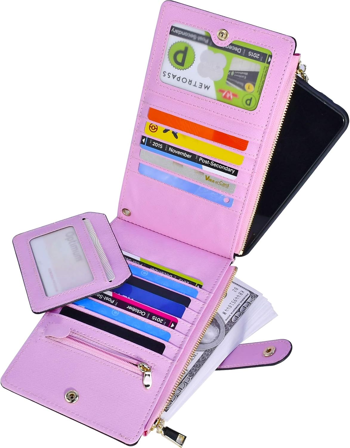 Wallets for Women RFID Blocking Large Capacity- Leather Bifold Wallet Women Long Credit Card Wallet Wristlet for Women Slim Zipper Wallet For Women With Coin Purse With Id Window Pullout Light Pink