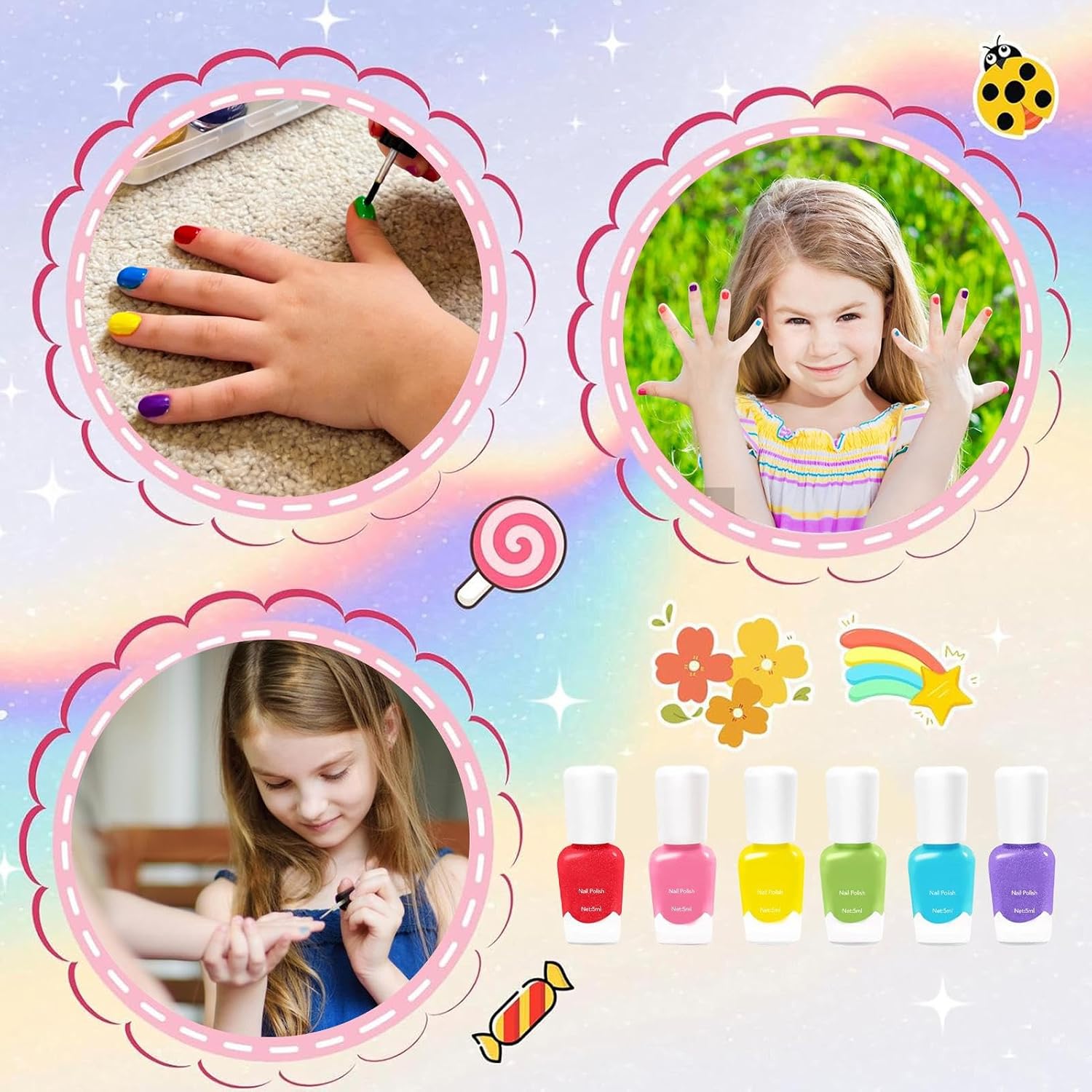 Fingernail Polishing Gel Toys, 5mlx6 Piece Quick Dry Peel Off Kit, Kids Creative Manicure Accessories, Playing, Decorating, Gifting, Party, Salon, Birthday