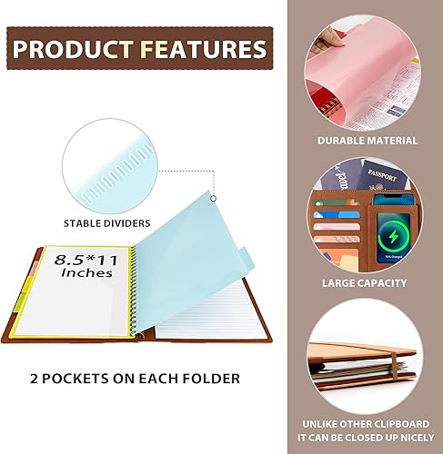 Vista 34 de Portapapeles con almacenamiento para hombres y mujeres, portafolio de cuero, 5 carpetas con 10 bolsillos, portapapeles en espiral con bloc de notas