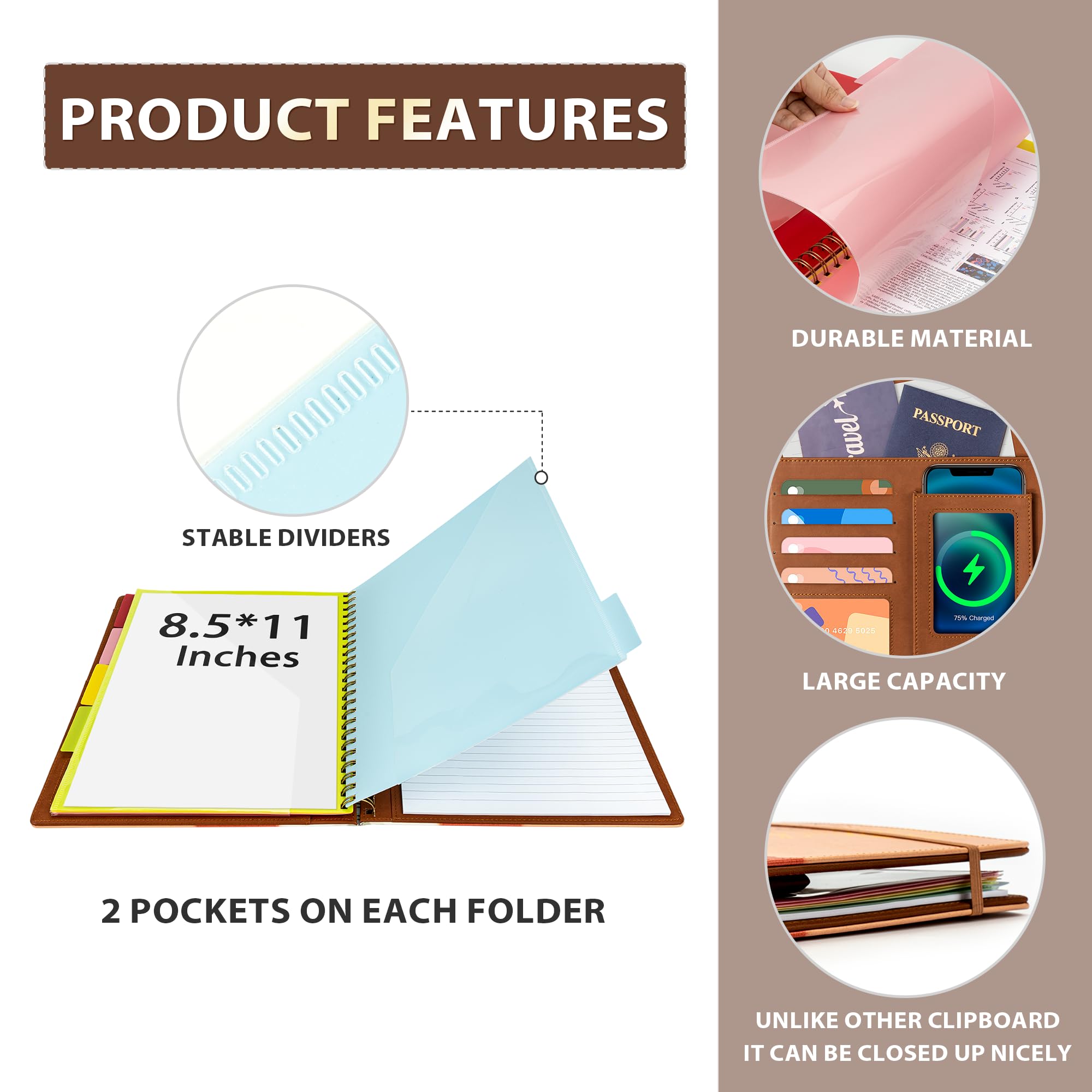 Ospelelf Padfolio a spirale in pelle con portablocco portablocco organizer raccoglitore con cinturino elastico tasche per blocco note marrone