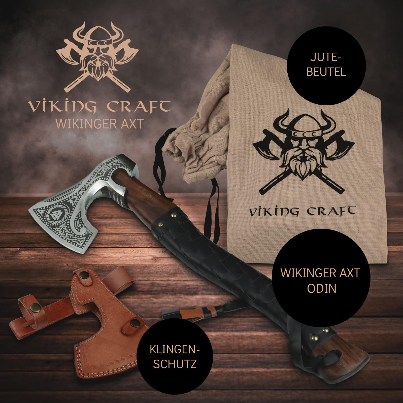 VIKING CRAFT® Wikinger Axt 50cm - Handgefertigte Deko Mit Gravur und Lederschutz - Ideale Mittelalter Deko, Geschenke für Männer und Frauen, Vikings Fanartikel, LARP Beil