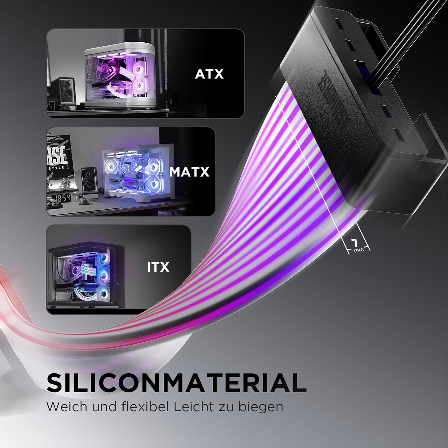 The ARGB LED cover made of soft and flexible silicone material, compatible with ATX, MATX, and ITX motherboard sizes.