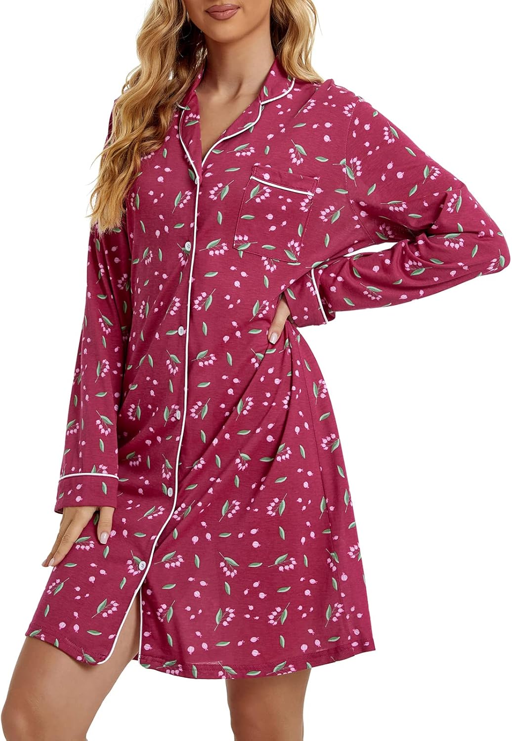 Tugege Nightgowns for Women Sleepwear V-Neck Button Down Night Shirt Long Sleeve Printed Pajamas Sleepshirts - Image 3