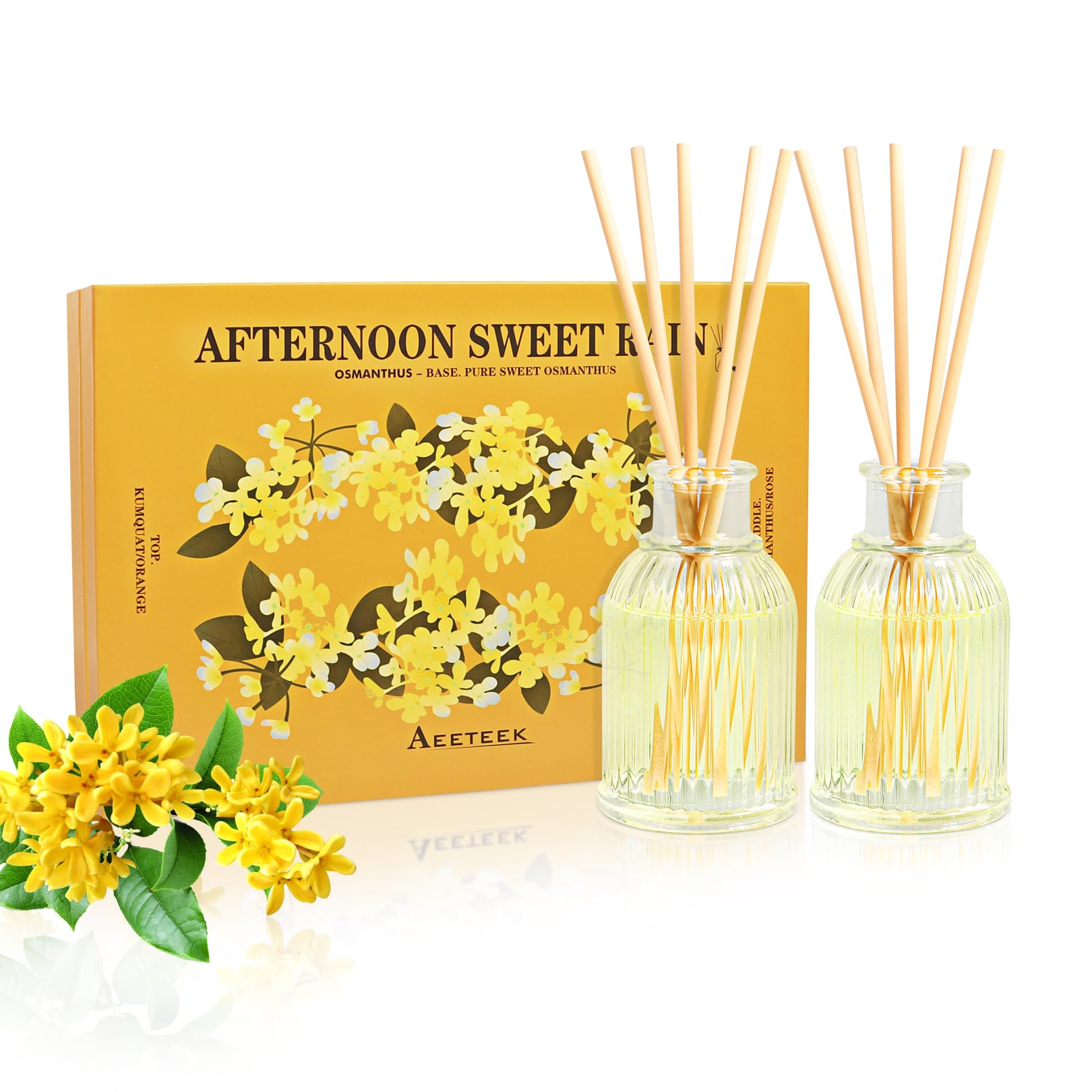 Aeeteek 2-Pack Osmanthus Reed Diffuser Set, Kumquat Aroma Essential Oils, Amber Scented Oil Home Fragrance with 10pcs Sticks, Aromatherapy Air Freshener for Room Shelf Bathroom Decor
