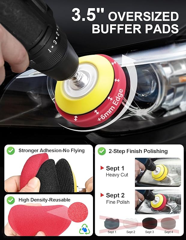 3 Inch Wet Dry Headlight Restoration Kit, Drill Sanding & Polishing Attachment with 800-5000 Grit Sandpaper Discs, 1/4 Shanks, Foam Pads, 3.5'' Face Buffing Polishing Pads, Masking Tape