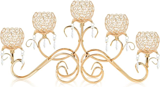 5 Arms Crystal Pendant Bowl Tealight Candelabra Crystal Votive Candle Holder, 5-arms Metal Tea Light Candlestick Holder for Table Centerpiece Wedding Home Decor French Gold
