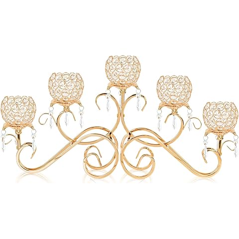 Crystal Pendant Candle Holder - Gold Bowl-Shaped Centerpiece