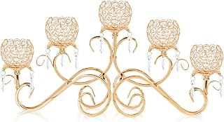 Gold 5 Arms 26.8 Inches Wide Crystal Pendant Bowl Tea Light Candle Holder, Large Bling Centerpiece Table Decorations, Metal Votive Candle Holders for Dining Table (Gold, Bowl-Shaped)