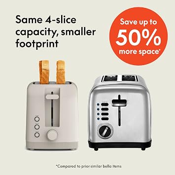 bella 4 Slice Slim Toaster, Fits-anywhereTM Kitchenware, 6 Setting Shade Control with Reheat & Cancel Buttons, Fits Sourdough, 10 Long Slot, Anti Jam & Auto Shutoff, 900 Watt, Oatmilk
