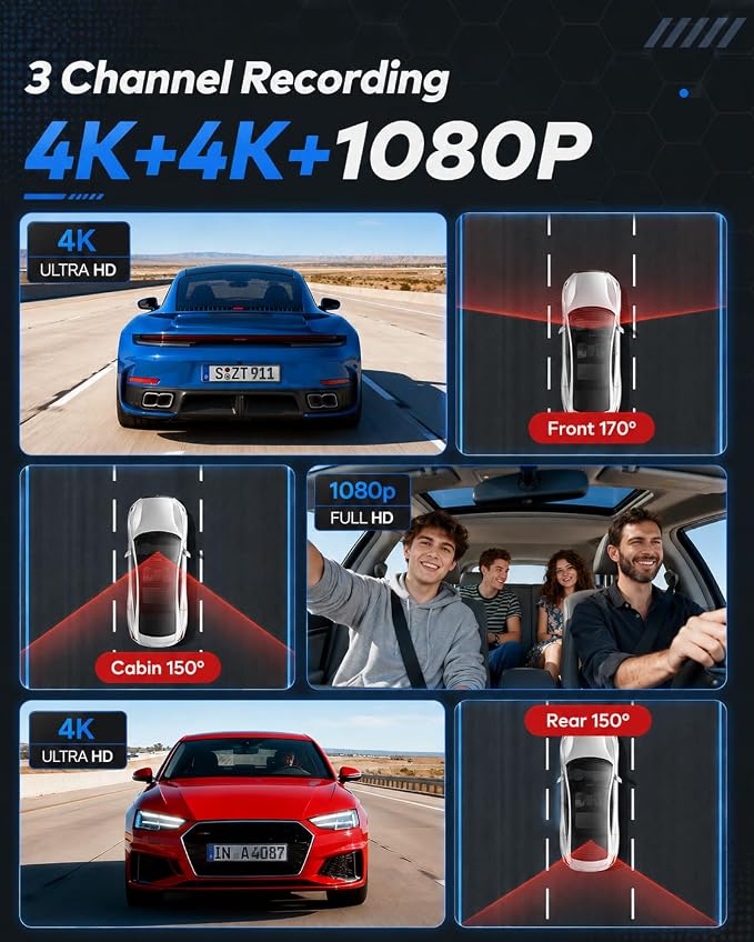 Dash Cam 3 Canales 4K+3K+1080P con WiFi y Visión Nocturna miniatura 2