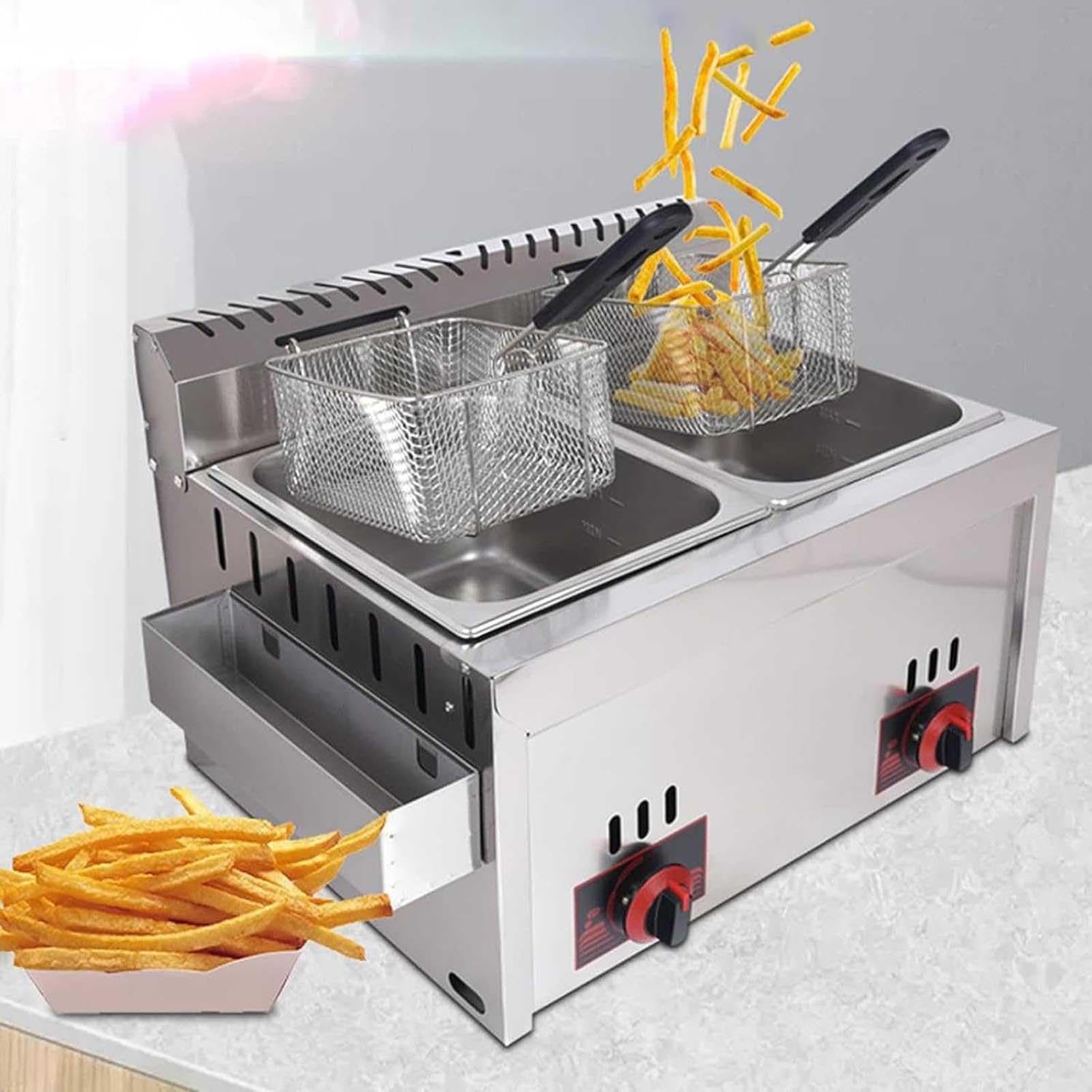 Friggitrice a gas di grande capacità, in acciaio inox, potenza di fuoco regolabile, facile da pulire, ideale per patatine, ciambelle, pesce, include cestini e coperchi