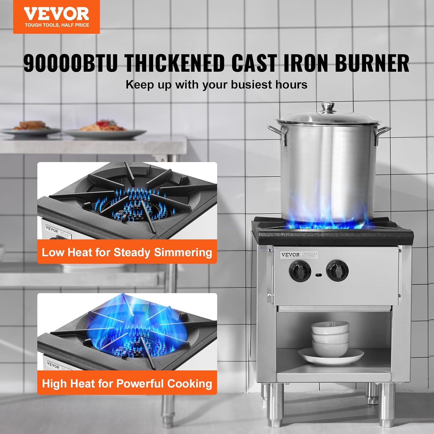 Burner showing low heat for simmering and high heat for powerful cooking