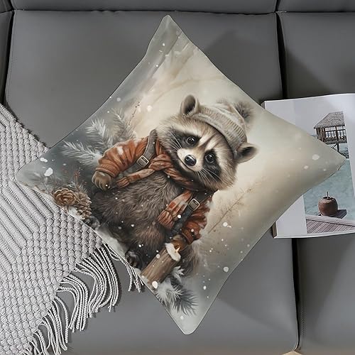 Miniatura 6 de HighonHi Fundas de almohada decorativas de 26 x 26 pulgadas, lindas fundas de cojín de satén de dibujos animados de mapache de Navidad, nieve e