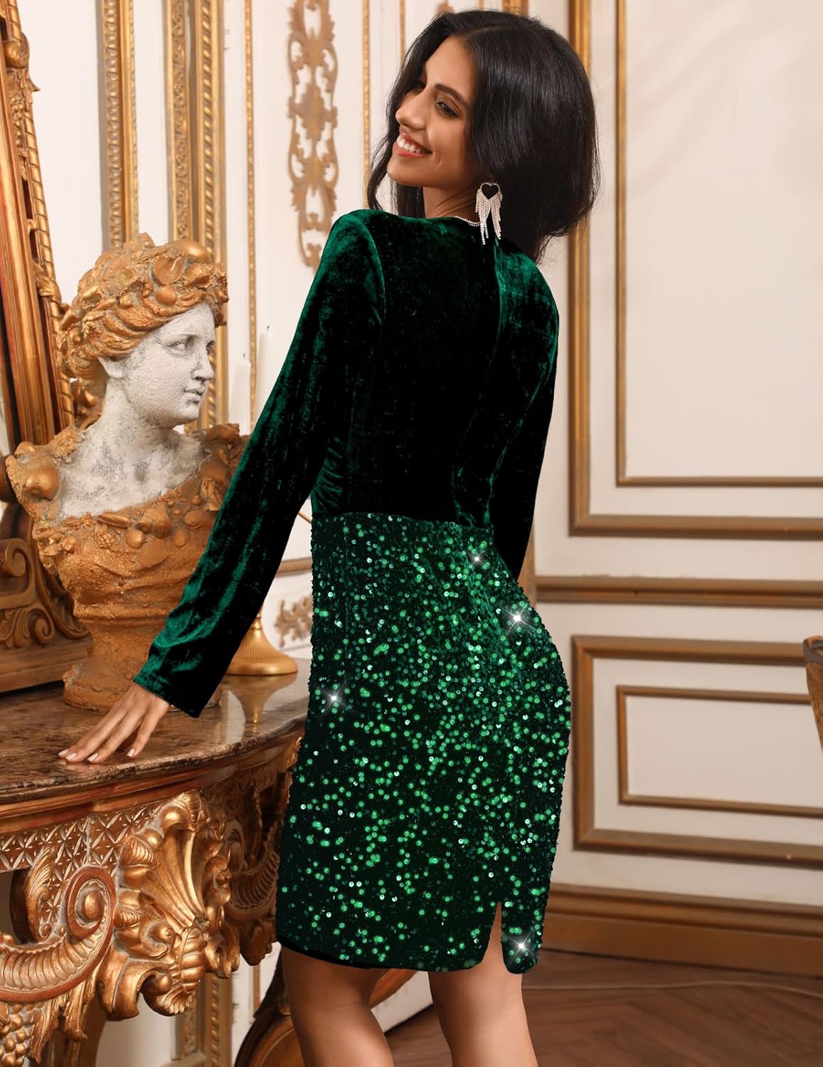 DRESSTELLS Women's Velvet Sequin Cocktail Dress, Sparkly Winter Holiday Party Evening Long Sleeve Bodycon Dresses - Image 4