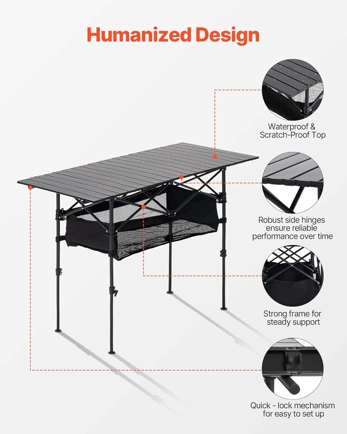 VEVOR Folding Camping Table, Portable Roll Up Side Tables, Lightweight Aluminum Beach Table for Outdoor BBQ Tailgating Picnic, Travel (47 inch-Black)