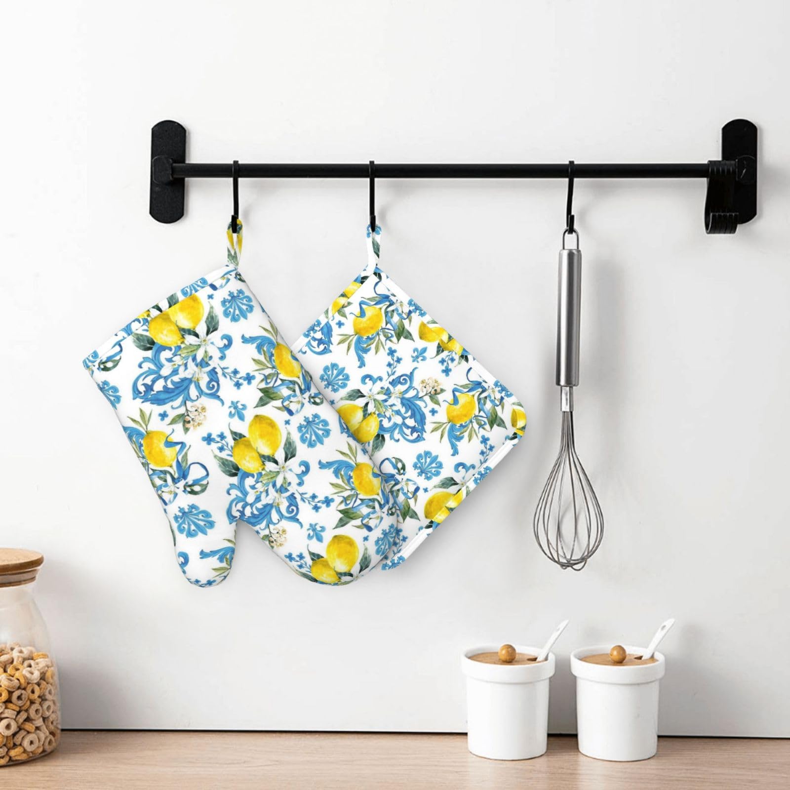 Lot de 4 maniques et maniques drôles citron | Jolies moufles de cuisine en silicone avec imprimé feuilles de fruits jaunes pour cuisiner, griller, barbecue