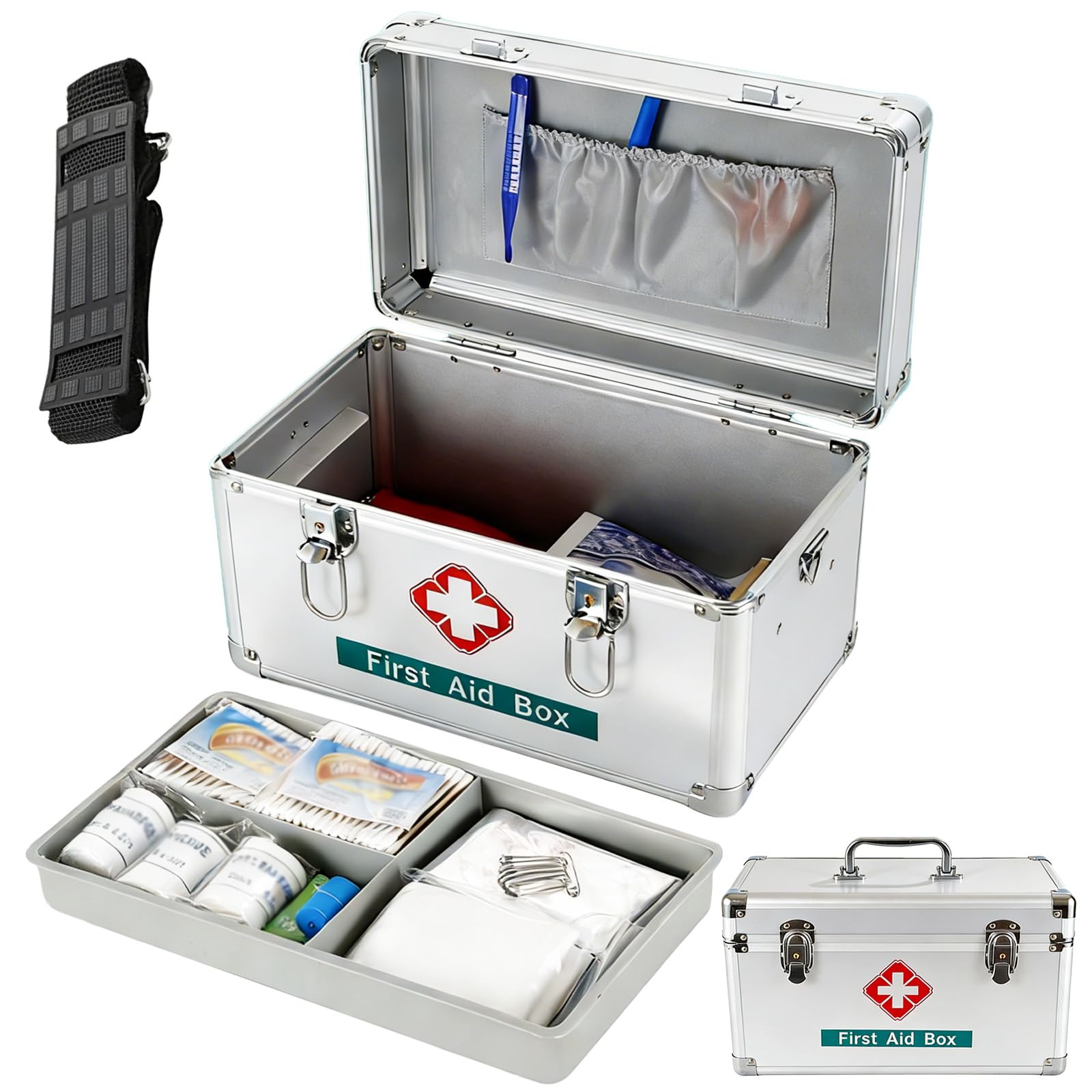 12 Zoll abschließbare Aufbewahrungsbox, 2-lagiger Verbandskasten mit Schlüsselschloss, Griff & Schultergurt, Alu-Organizer für Zuhause, Büro, Auto & Reisen, für Verbandsmaterial & Zubehör