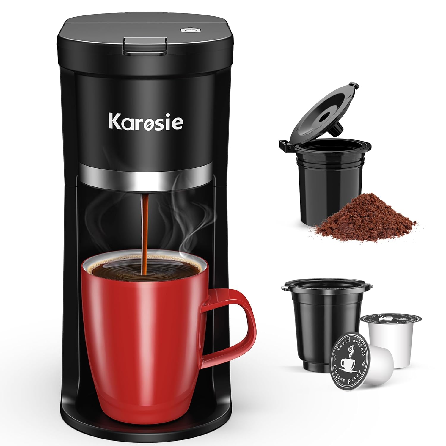 Small Single Serve Coffee Maker Fast Brew for K-Cup Ground Coffee 6-12 Oz Brew Sizes One-Button Single Cup
