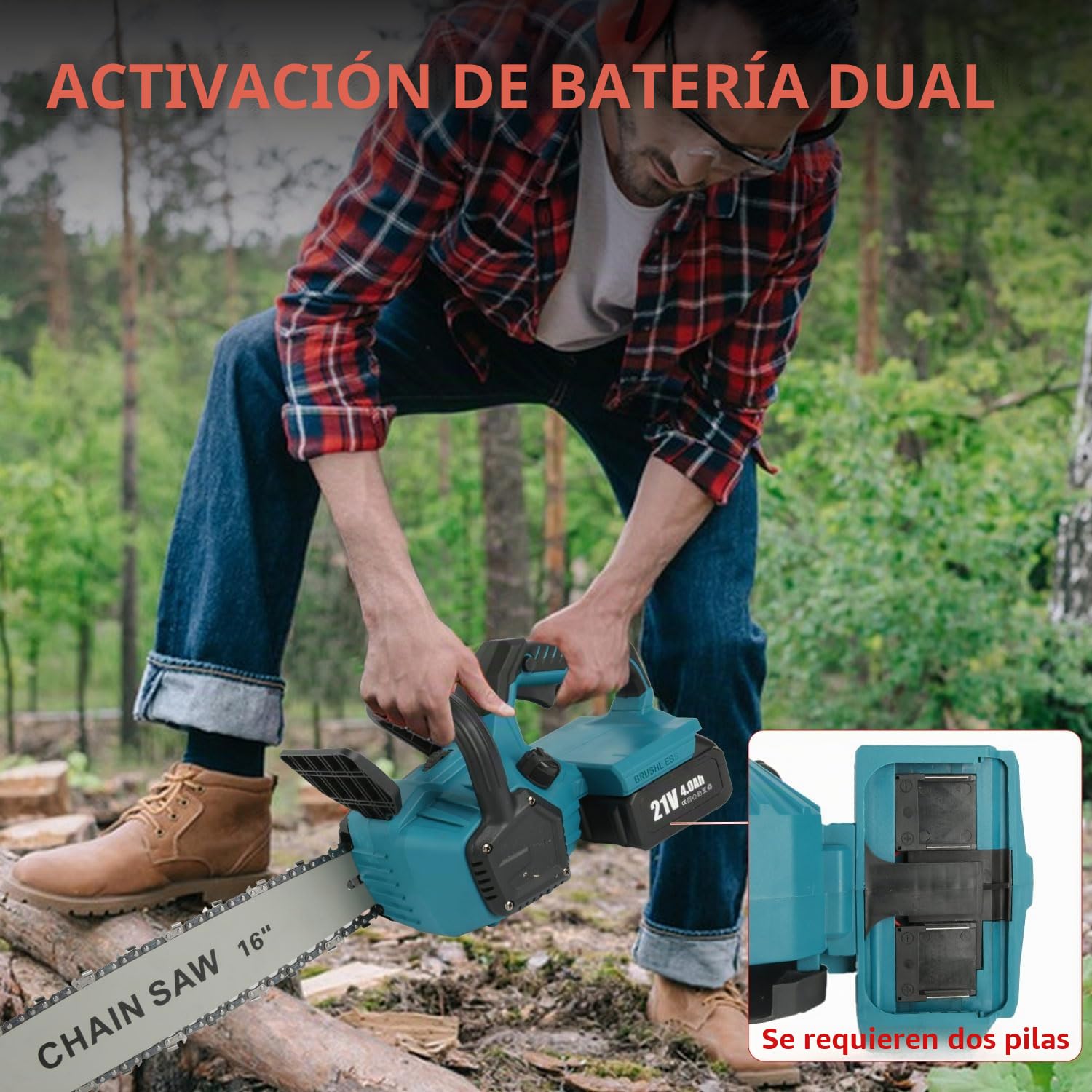 Motosierra Eléctrica con Batería de 21V, 1800 W, Sin Escobillas, con Cadena de 16 Pulgadas, con Espada de 40CM, Motosierra Bateria con 2 Baterías de 4000 mAh para Cortar Madera